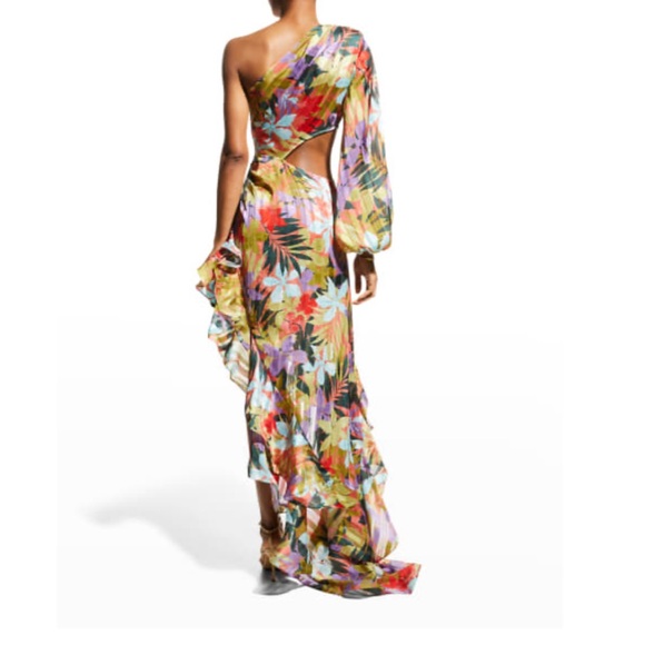 NWOT BRONX AND BANCO Tropics Violet One Sleeve Ruffle Maxi Dress - Picture 4 of 8